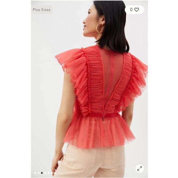 NEW Geisha Designs Anthropologie Ruffled Tulle Sheer Velvet-Trim V-Neck Blouse - Picture 4 of 16